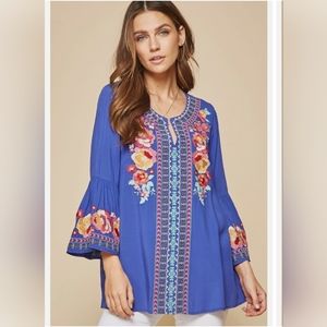Andree Shirt Womens 3XL Embroidered Royal Blue With Flowy Bodice Bell Sleeves